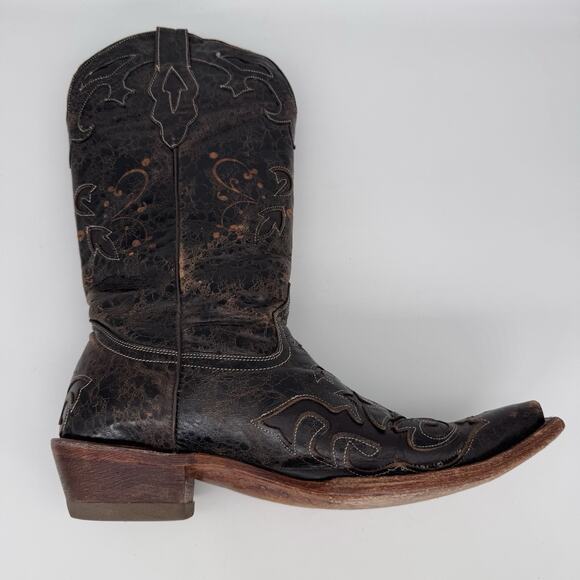 Pecos Bill Women Boot Size 8 Dark Mocha Inlay Distressed Leather Cowgirl Western - Picture 9 of 14